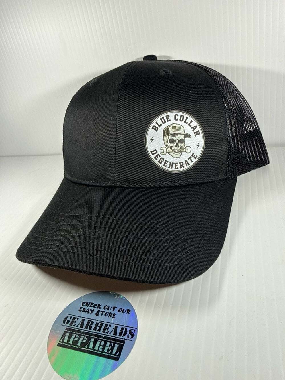 Blue Collar Degenerate Skull and Wrench logo Mesh Trucker Snapback Hat black